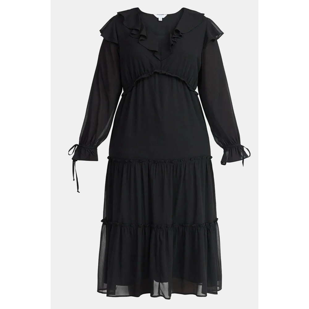 Time and Tru Womens Long Sleeve V-Neck Ruffle Midi Dress Black Sze Small 4-6 NWT